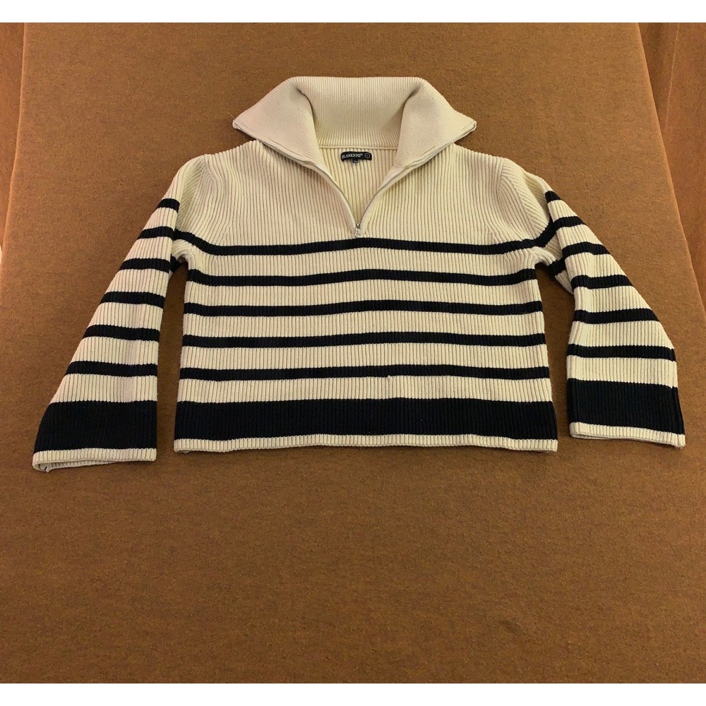 BLANKNYC Womens Large Cream Black Striped Quarter Zip Ribbed Sweater New *Flaw
